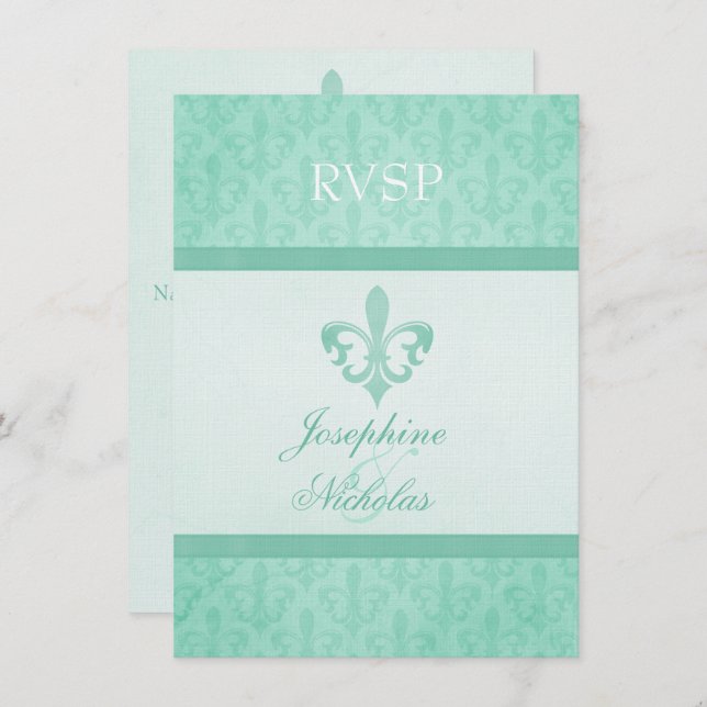 Mint green Fleur De Lis formal wedding RSVP Invitation (Front/Back)