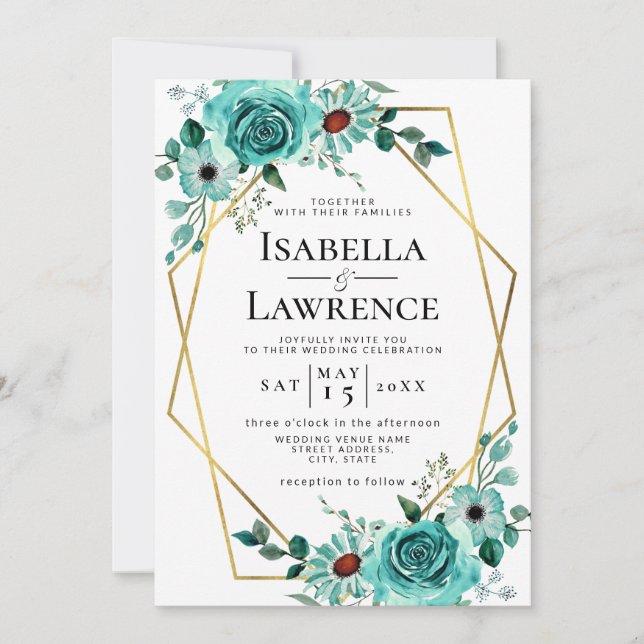 Mint Green Floral Gold Frame Elegant Wedding Invitation (Front)