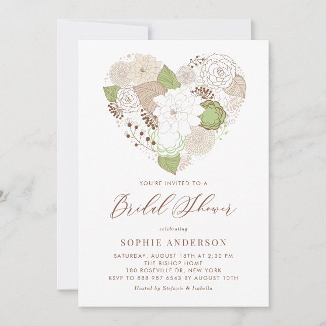 Mint Green Floral Heart Bridal Shower Invitation (Front)