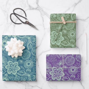 Mint-Green Floral Lace three background colours Wrapping Paper Sheet