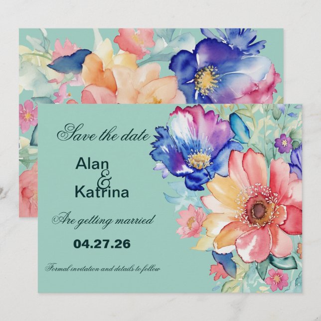 Mint Green Floral Modern Save the Date Card (Front/Back)