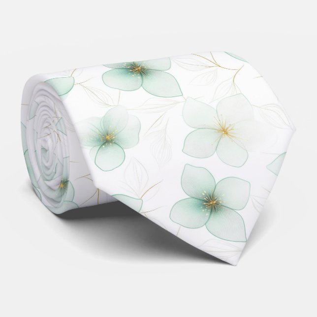 Mint Green Floral Pattern on White Background Tie (Rolled)