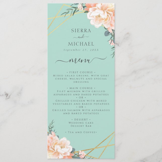 Mint Green Floral Peach Gold Wedding Reception Menu (Front)