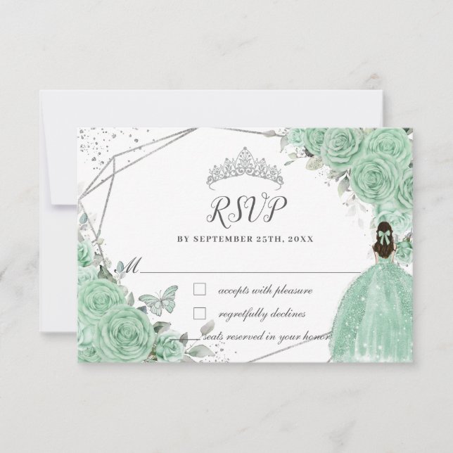 Mint Green Floral Princess Gown Silver Quinceañera RSVP Card (Front)