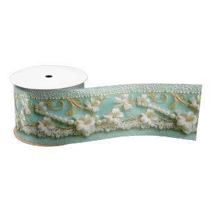 Mint Green Floral Satin Ribbon