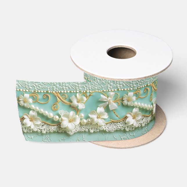 Mint Green Floral Satin Ribbon (Spool)