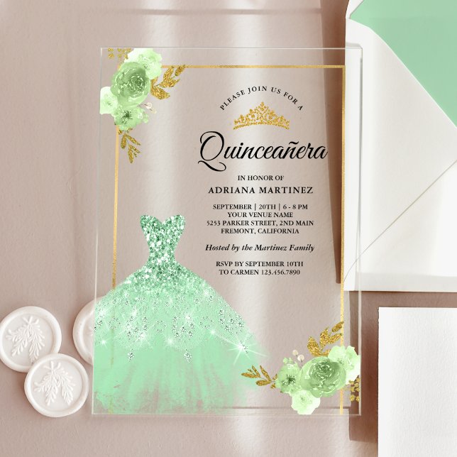 Mint Green Floral Sparkle Dress Gold Quinceanera Acrylic Invitations (Creator Uploaded)