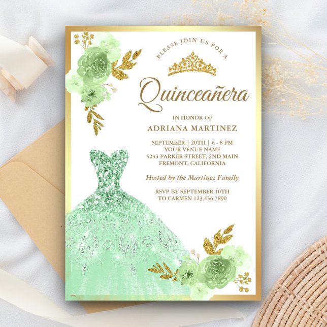 Mint Green Floral Sparkle Dress Gold Quinceanera Invitation (Creator Uploaded)
