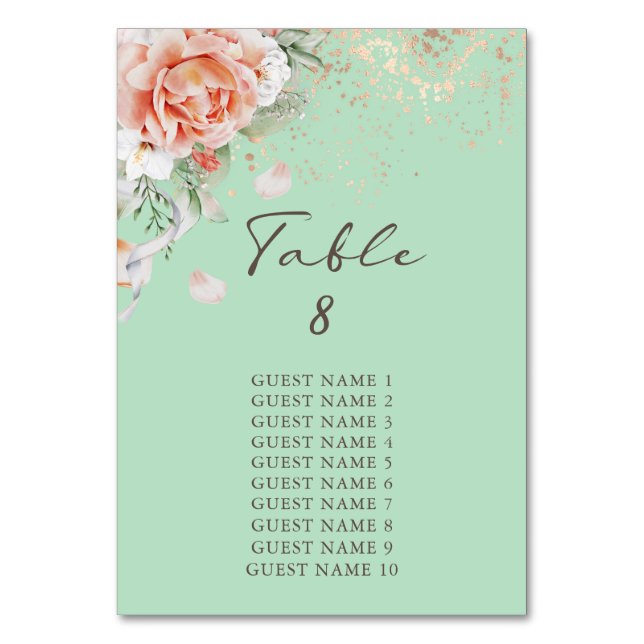 Mint Green Floral Table Number with Guest Names (Front)