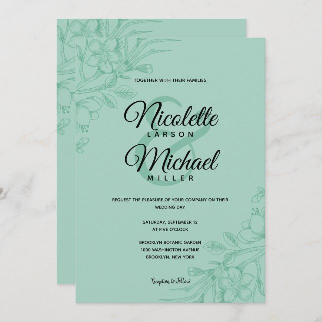 Mint Green Floral Wedding Invitation (Front/Back)
