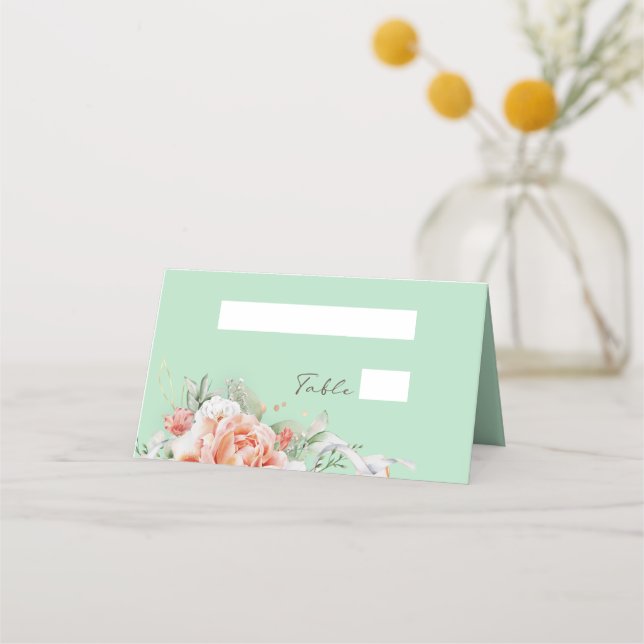 Mint Green & Floral Wedding Place Cards (Front)