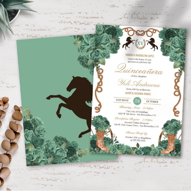 Mint Green Floral Western Charro Ranch Quinceanera Invitation (Creator Uploaded)