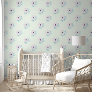 Mint Green Floral With Girly Pink Flowers Nursery Wallpaper
