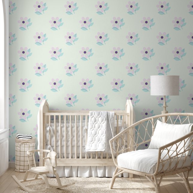 Mint Green Floral With Girly Pink Flowers Nursery  Wallpaper (Kids)