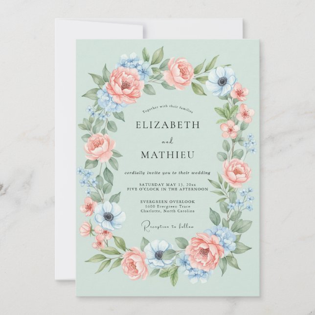Mint Green Floral Wreath Wedding Invitation (Front)
