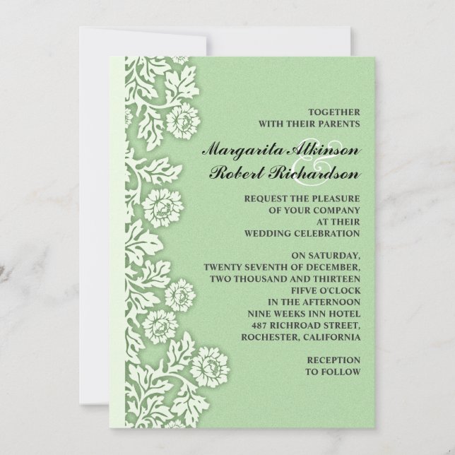 mint green flourishes pretty wedding invitations (Front)
