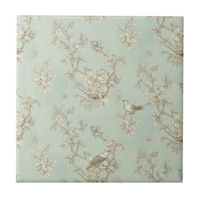 Mint Green French Country Birds and Floral Toile 1 Tile (Front)