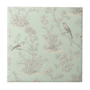 Mint Green French Country Birds and Floral Toile 3 Tile