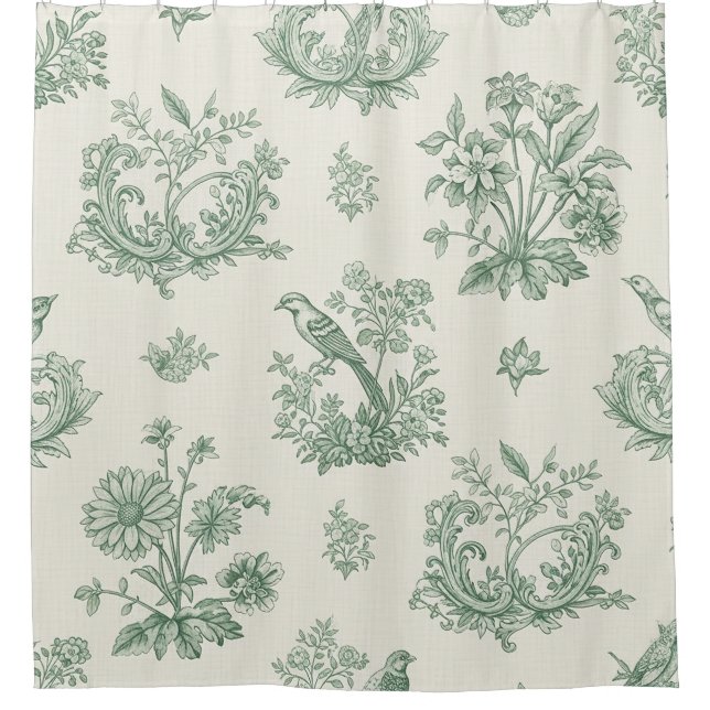 Mint Green French Country Birds and Floral Toile 4 Shower Curtain (Front)
