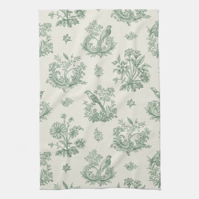 Mint Green French Country Birds and Floral Toile 4 Tea Towel (Vertical)