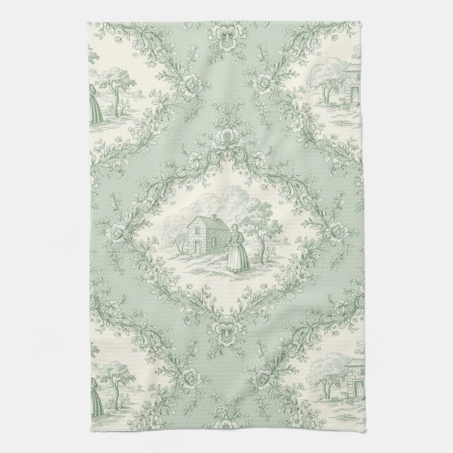 Mint Green French Country Floral Toile - Farmhouse Tea Towel (Vertical)