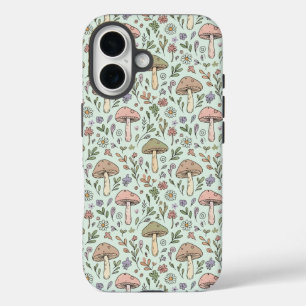 Mint Green Fungi Cottagecore Seamless Pattern iPhone 16 Case