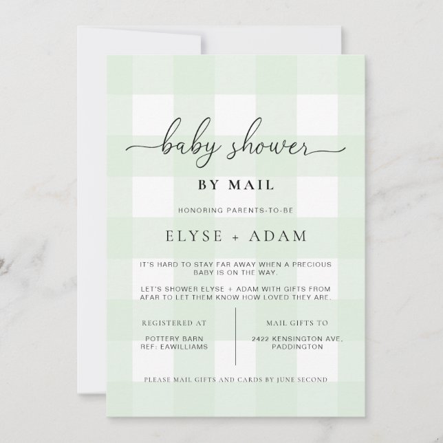 Mint Green Gingham Baby Shower By Mail Invitation (Front)