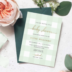 Mint Green Gingham Baby Shower Foil Invitation