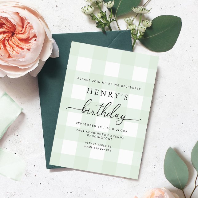 Mint Green Gingham Birthday Invitation (Creator Uploaded)