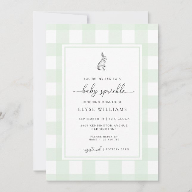 Mint Green Gingham Bunny Rabbit Baby Sprinkle Invitation (Front)
