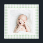 Mint Green Gingham Check Baby Birthdate Magnet<br><div class="desc">Sweet mint green and white gingham check is a charming way to frame the photo of a new baby and celebrate the arrival with a square magnet featuring the name and birthdate. Make this baby magnet for a new parent,  grandparents and family or friends.</div>
