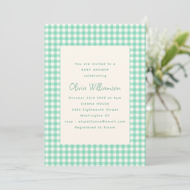 Mint Green Gingham Check Retro Cream Baby Shower Invitation (Standing Front)