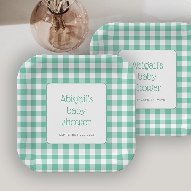 Mint Green Gingham Check Rustic Baby Shower Paper Plate (Creator Uploaded)
