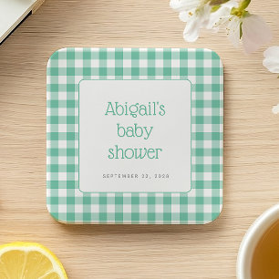 Mint Green Gingham Check Rustic Baby Shower Square Paper Coaster