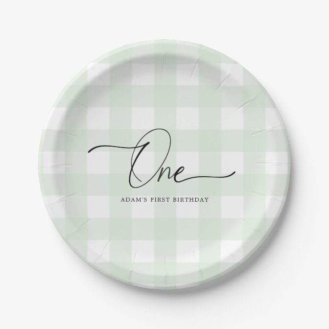 Mint Green Gingham First Birthday Paper Plates (Front)