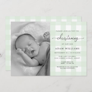 Mint Green Gingham Photo Christening Invitation