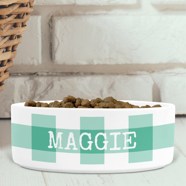 Mint Green Gingham Plaid Personalised Dog Bowl (Creator Uploaded)