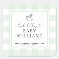 Mint Green Gingham Rocking Horse Bookplate Sticker