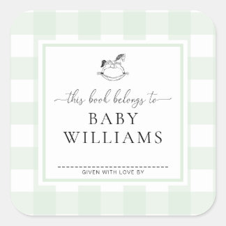 Mint Green Gingham Rocking Horse Bookplate Sticker