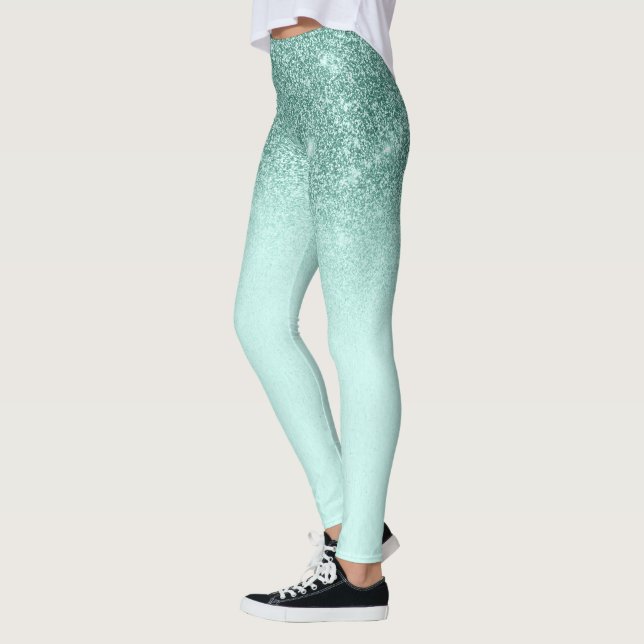 Mint Green Glam Glitter Sparkle Ombre Trendy Leggings (Left)