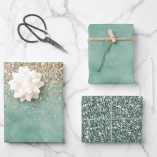 Mint Green Glam Gold Sparkle Glitter Wrapping Paper Sheet