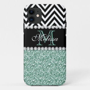 MINT GREEN GLITTER BLACK CHEVRON MONOGRAMMED Case-Mate iPhone CASE