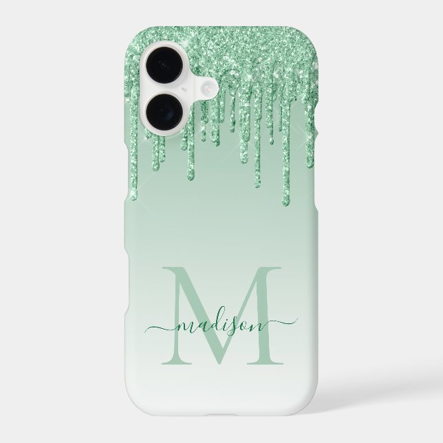 Mint Green Glitter Drips Sparkle Monogram Script (Back)