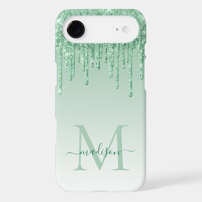 Mint Green Glitter Drips Sparkle Monogram Script Case-Mate iPhone Case (Back)