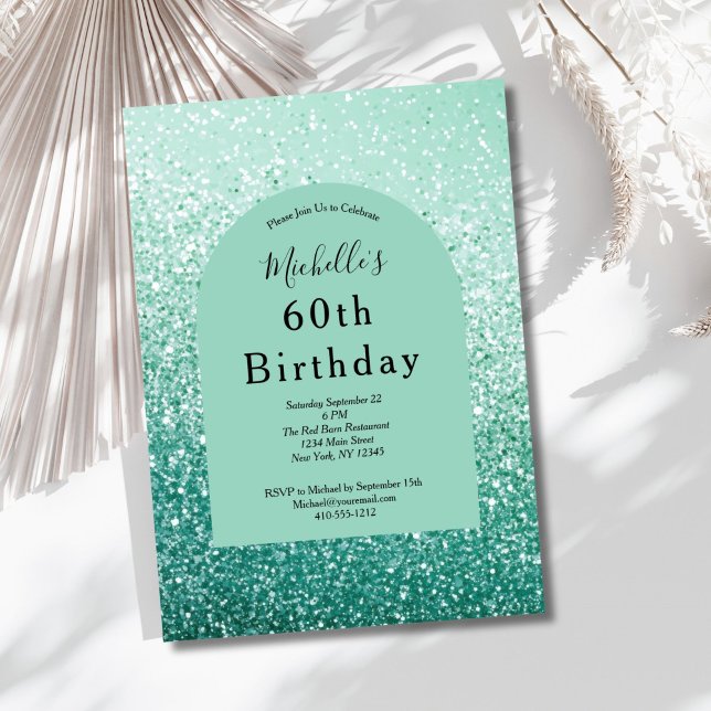 Mint Green Glitter Glam Bling 60th Birthday Her Invitation (Mint Green Glitter 60th ( or any year ) birthday invitation for her. Glam Bling. Printed or Digital)