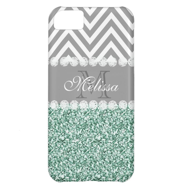 MINT GREEN GLITTER, GRAY CHEVRON, MONOGRAMMED Case-Mate iPhone CASE (Back)