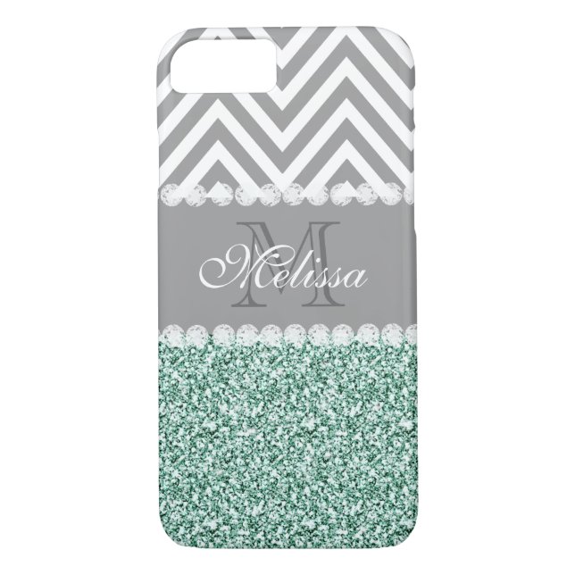 MINT GREEN GLITTER, GRAY CHEVRON, MONOGRAMMED Case-Mate iPhone CASE (Back)
