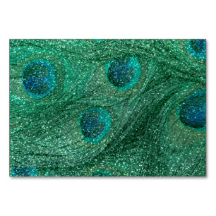mint green glitter peacock feathers table number