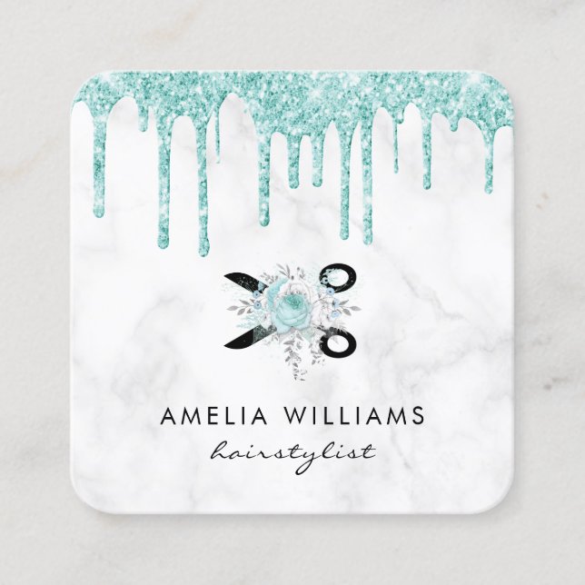 Mint green glitter scissors floral hairstylist square business card (Front)