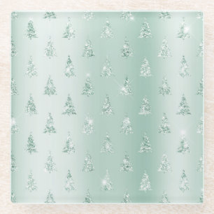 Mint Green Glitter Sparkle Christmas Trees       Glass Coaster